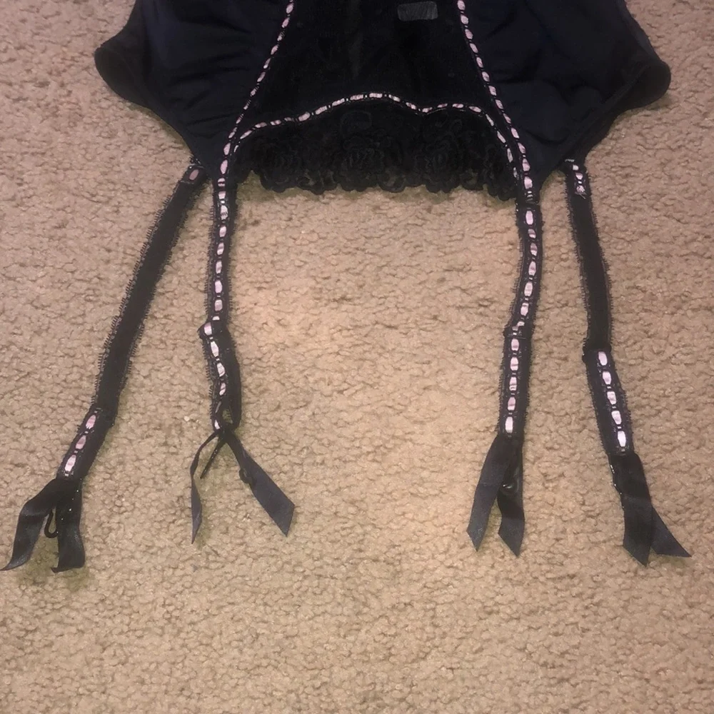 Adore Me Floral Lace Polka Dot Mesh Satin Corset Bustier Black Pink‎ Ribbon 34B
